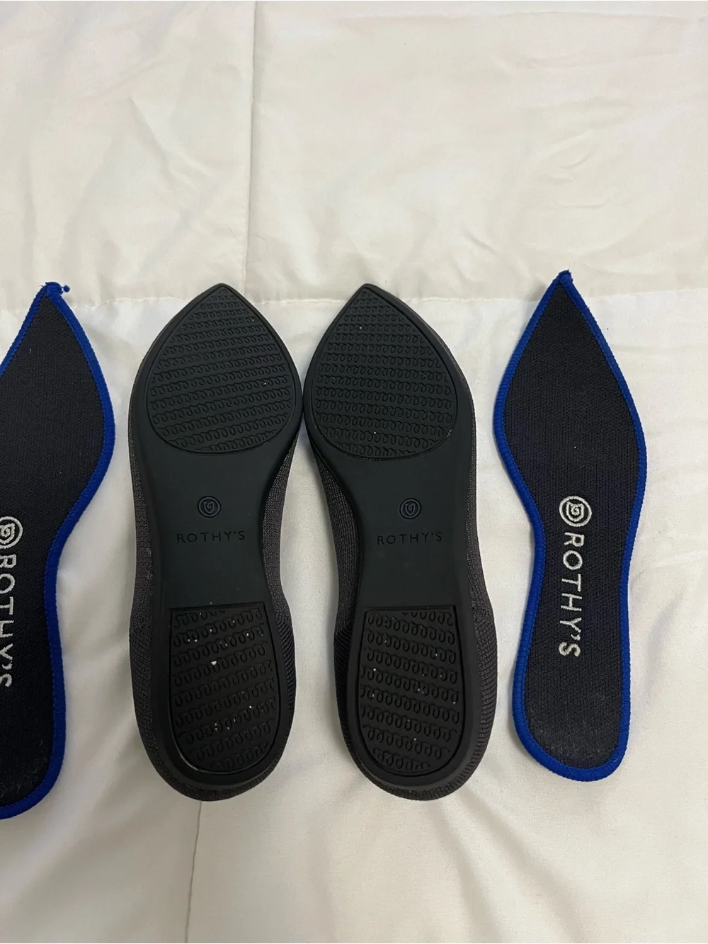 Rothy's Pointed Knit Flats in Charcoal with Blue Trim